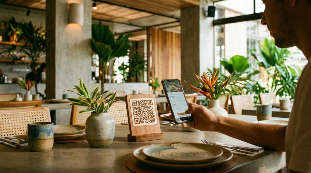 Cliente acessando cardápio digital por QR code na mesa do restaurante