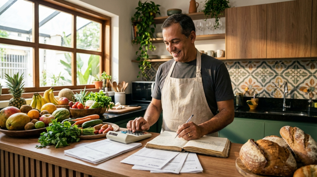 Dono de restaurante calculando o CMV com notas de fornecedores na cozinha