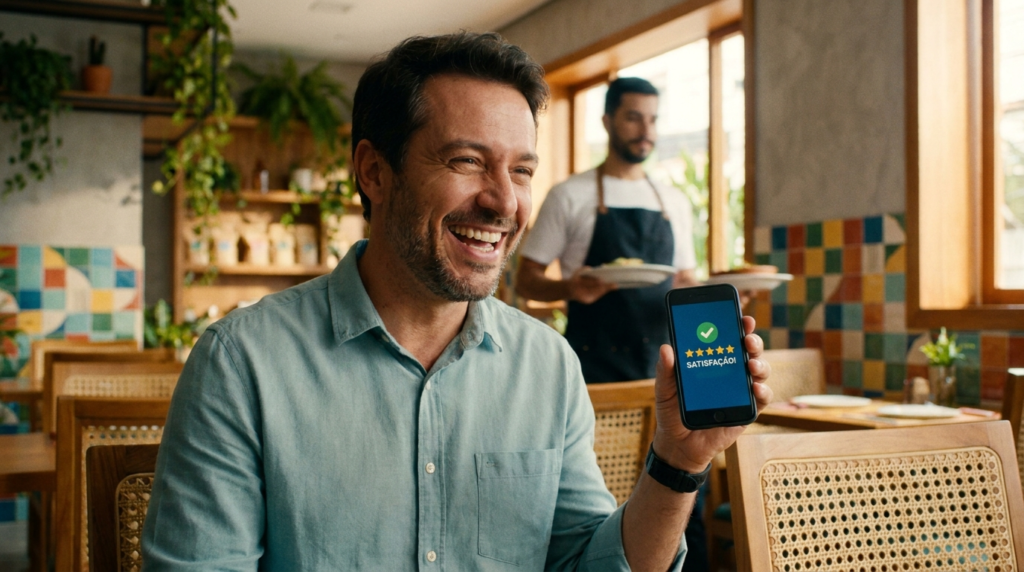Cliente respondendo pesquisa de satisfação pelo celular no restaurante