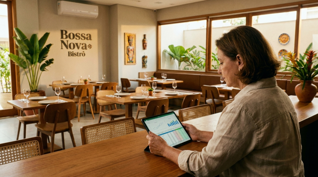Dona de restaurante analisando números em tablet no balcão