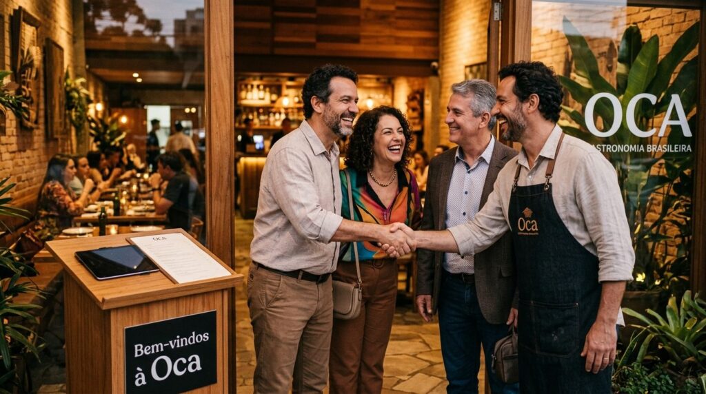 Garçom recebendo calorosamente clientes habituais na entrada do restaurante