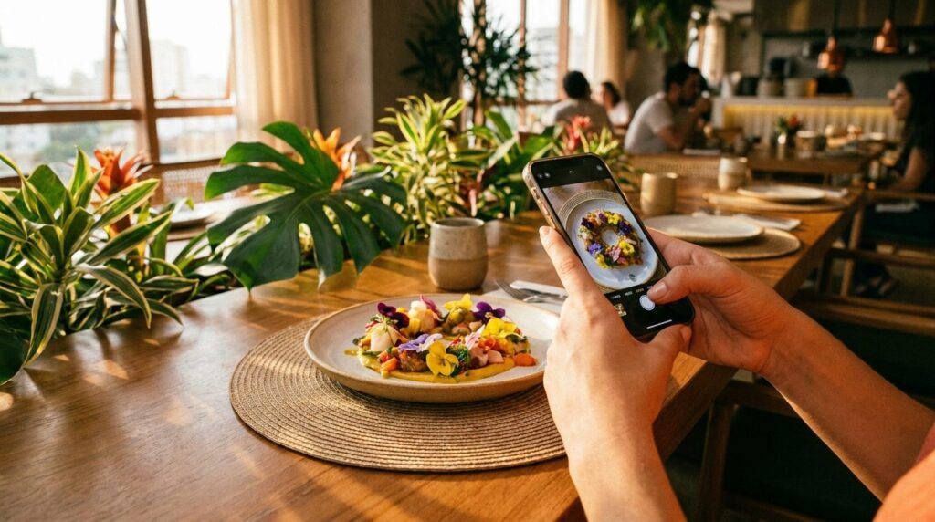 Pessoa fotografando prato com smartphone para rede social em restaurante
