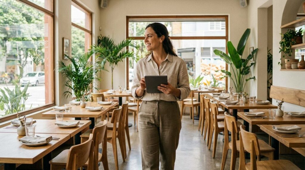 Gerente com tablet conferindo o salão do restaurante antes de abrir