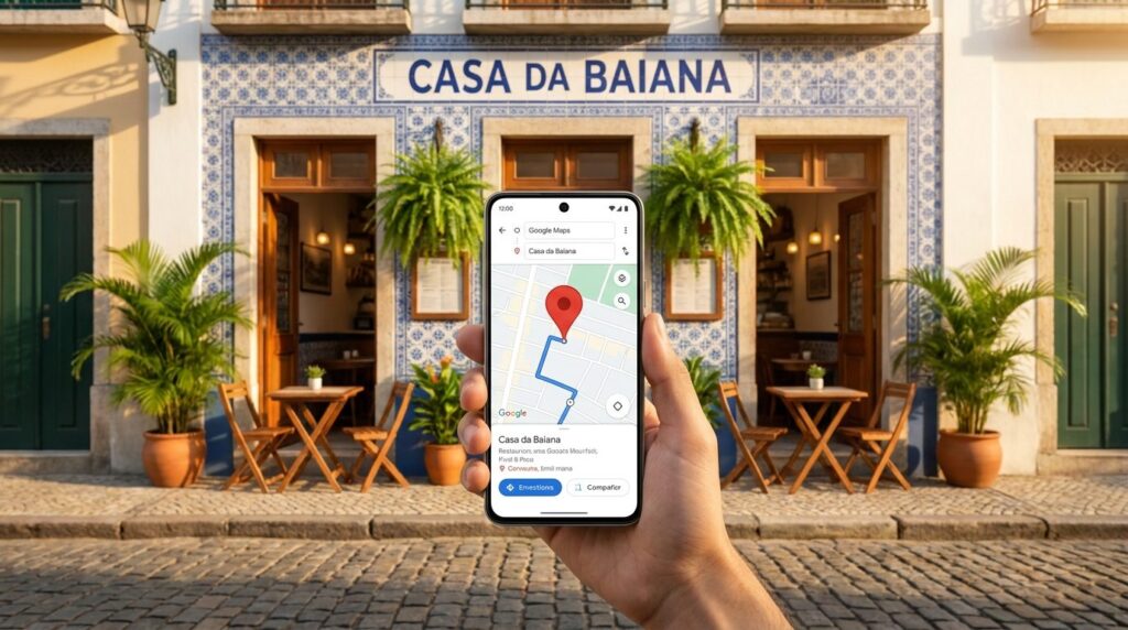 Smartphone mostrando mapa com pin de localização em frente a restaurante