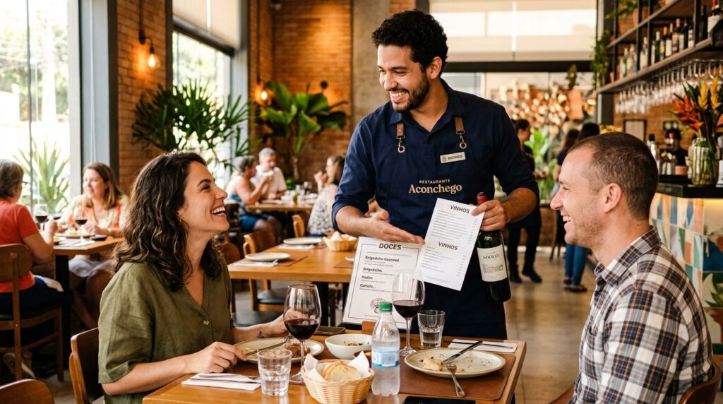 Garçom sugerindo sobremesa e vinho a clientes em mesa de restaurante