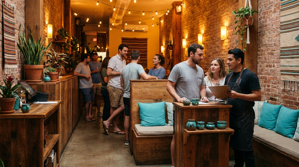 Fila de espera organizada perto do balcão de um restaurante, com funcionário conferindo a lista