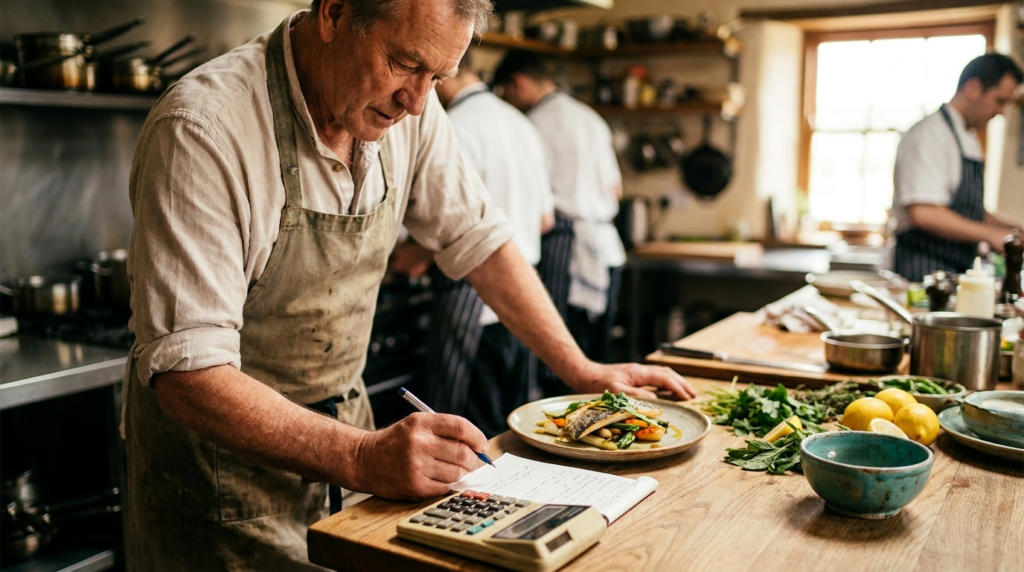 Dono de restaurante calculando o custo de um prato com calculadora e ingredientes no balcão