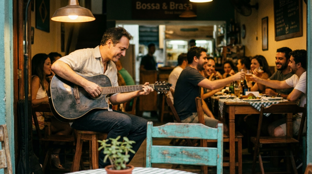 Músico tocando violão ao vivo em um bar aconchegante com clientes nas mesas