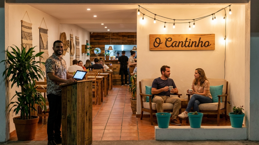 Recepcionista de restaurante com tablet gerenciando uma lista de espera digital