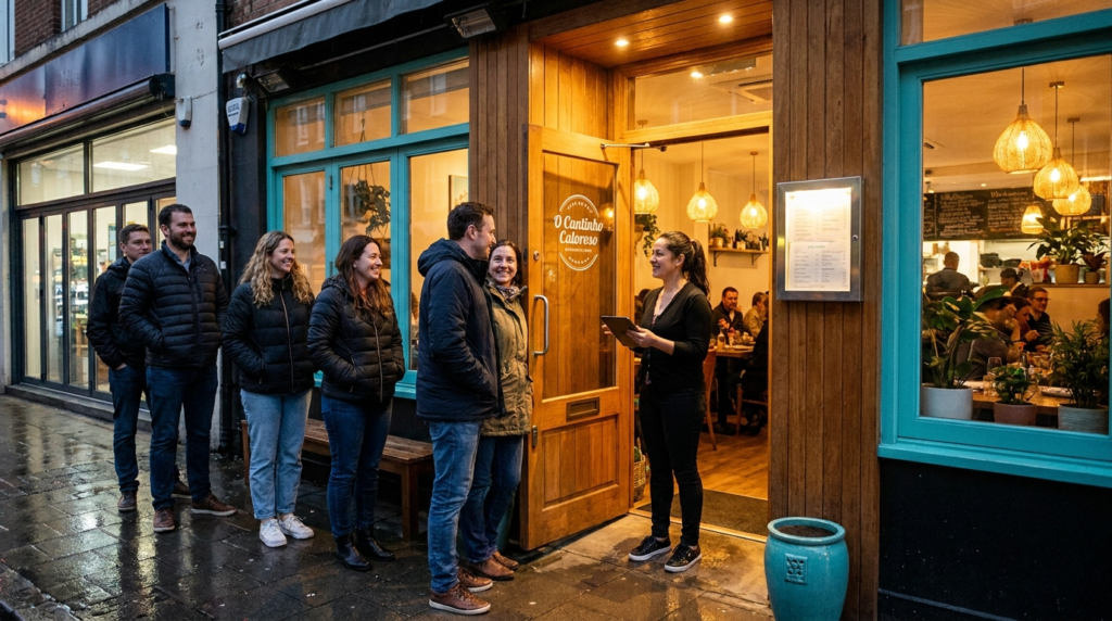 Fila de clientes esperando na entrada de um restaurante aconchegante numa sexta lotada