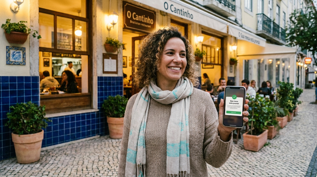 Cliente sorrindo do lado de fora do restaurante ao receber aviso no celular de que a mesa está pronta