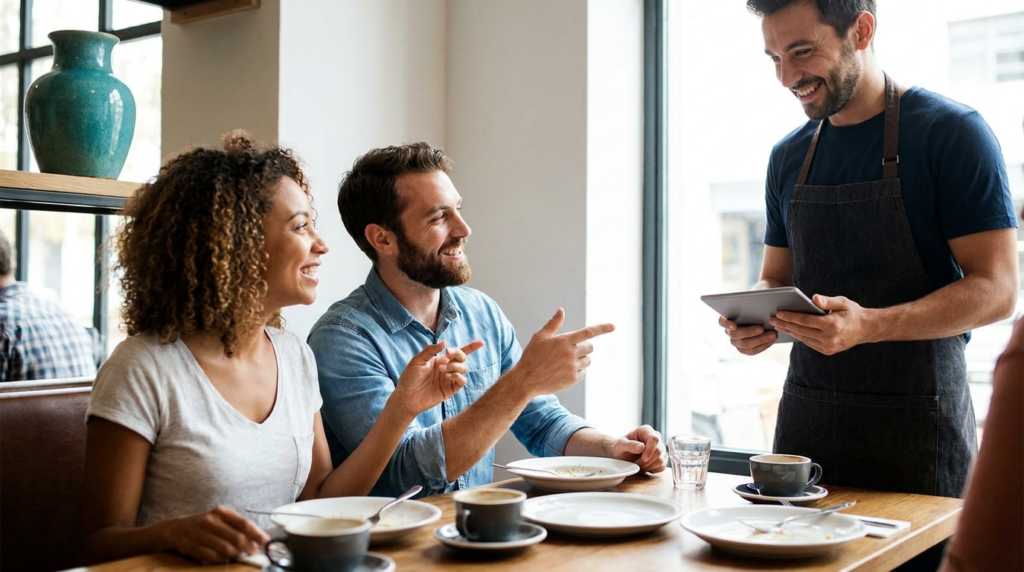 Clientes satisfeitos sorrindo e dando feedback positivo ao garçom na mesa do restaurante