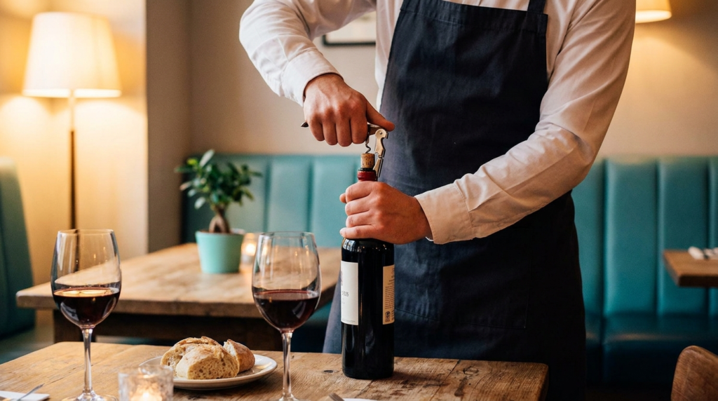 Garçom abrindo uma garrafa de vinho ao lado da mesa em um restaurante