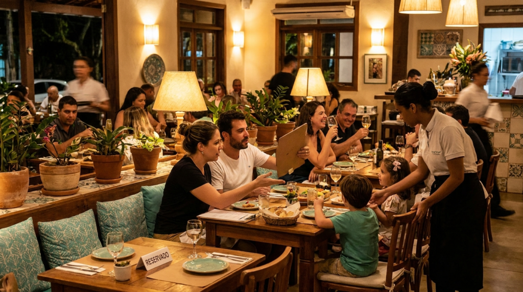 Salão cheio de restaurante com mesa reservada e clientes walk-in sendo acomodados