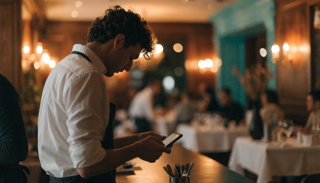 Garçom conferindo a comanda de um pedido em um tablet no balcão do restaurante