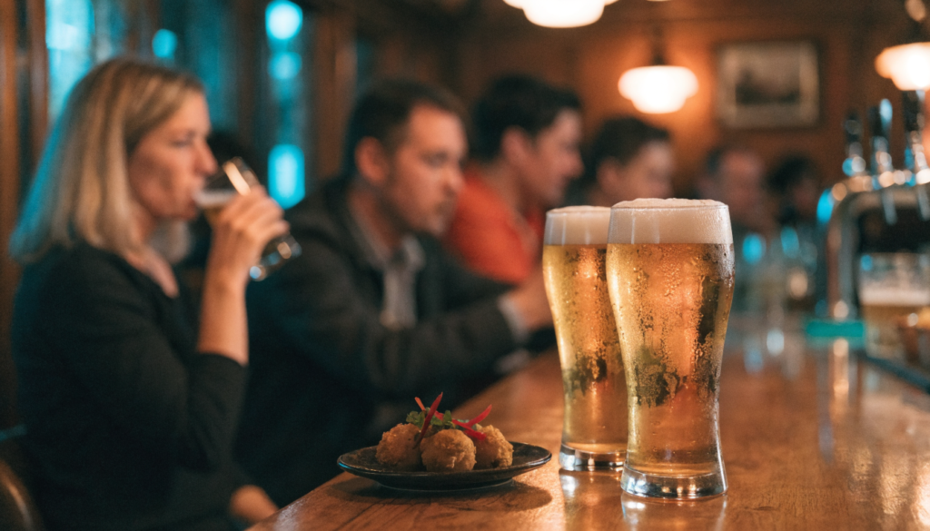 Balcão de bar com chopes e petiscos durante o happy hour, com clientes ao fundo
