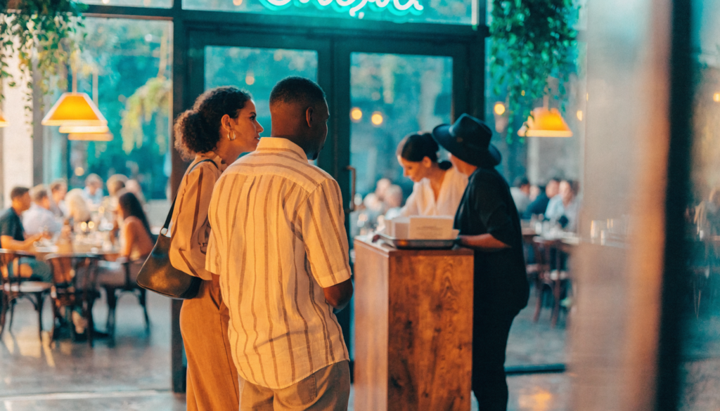 Grupo de clientes aguardando junto ao balcão de entrada de um restaurante movimentado