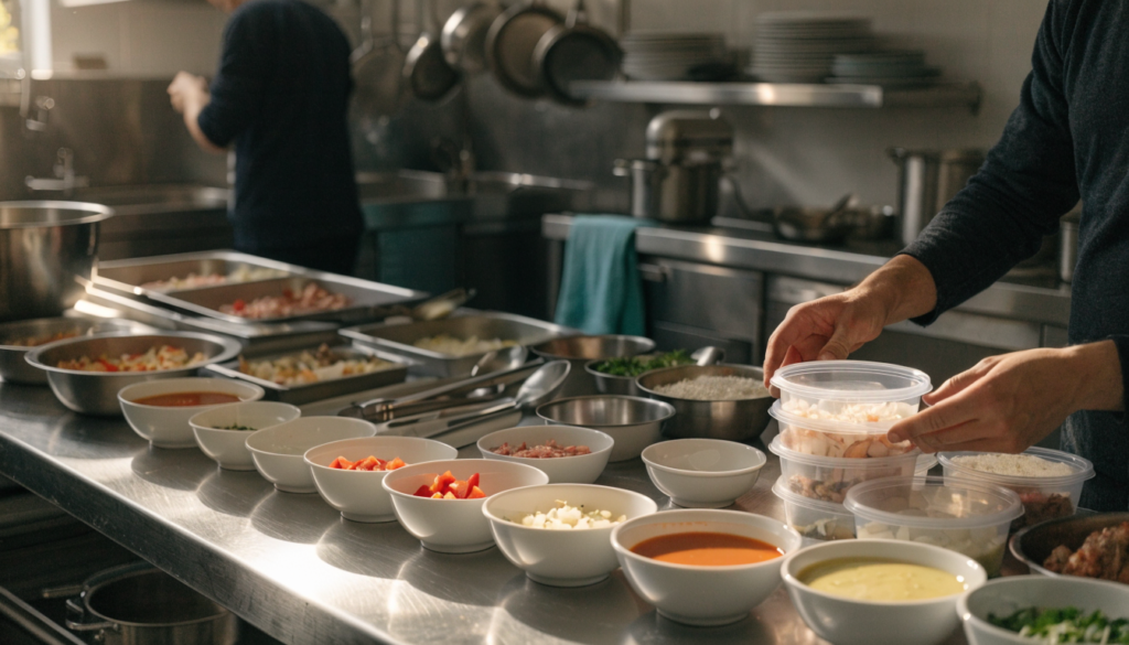 Bancada de cozinha de restaurante com ingredientes porcionados e organizados para a mise en place