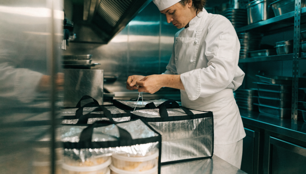 Cozinheiro fechando sacolas térmicas de entrega em uma cozinha industrial sem salão